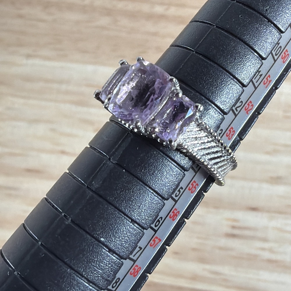 Silver Tone Stainless Steel Pink TripleStone Ring Size 7 with Texture Accents